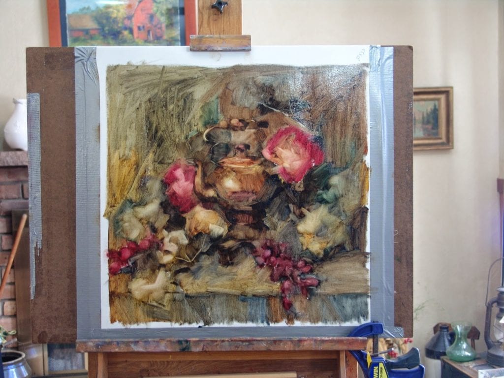 All my canvas is covered now. I find white areas distracting and like this stage when the painting is starting to feel like it is getting somewhere.